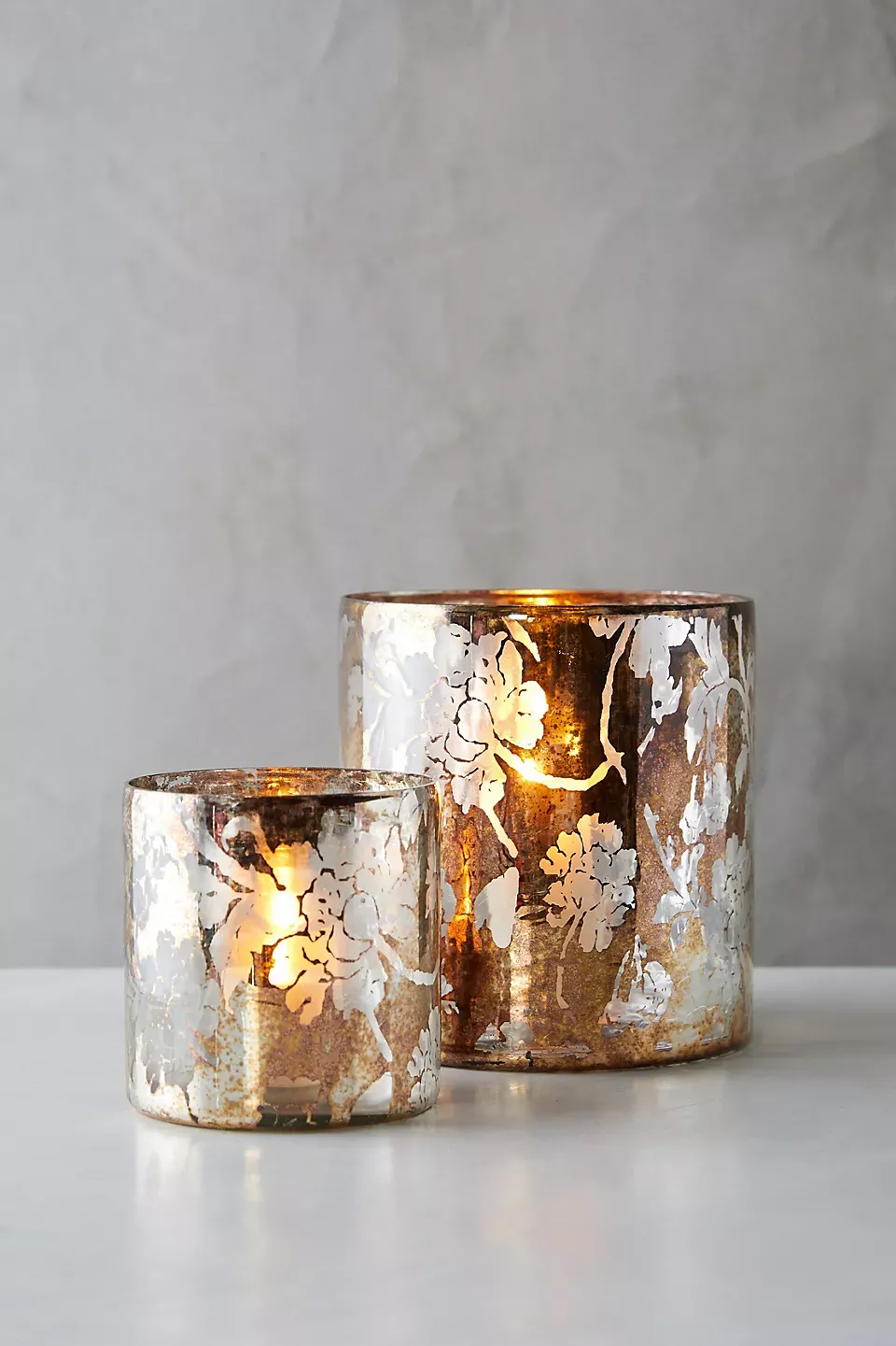 Mercury-finish glass votives with floral pattern